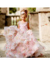 Beaded Neck Pink Printed Organza 3D Floral Romantic Flower Girl Dress